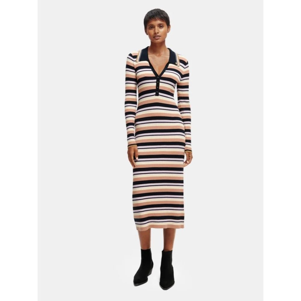 Scotch & Soda NWT Long Sleeved Rib Knitted Polo Shirt Midi Dress in Navy Medium